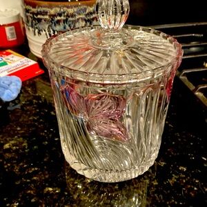 Vintage Lided Etched Glass Bonbonniere,Clear and Pink Floral Cut Glass Jar